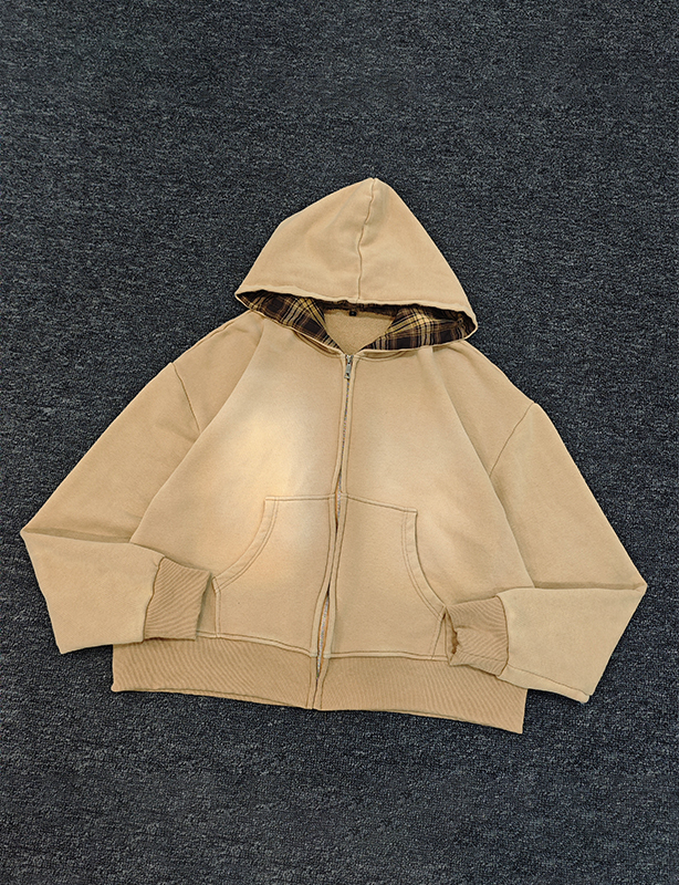Sweat &agrave; capuche surdimensionn&eacute; en coton uni pour hommes, Logo personnalis&eacute; brod&eacute; en molleton, Double fermeture &eacute;clair, automne